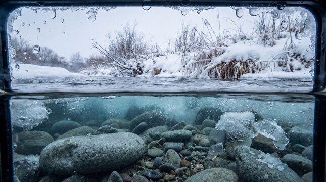 Unique split-level view of a freezing winter river with snow-covered banks and ice chunks above and below the cold, clear water revealing smooth river stones.