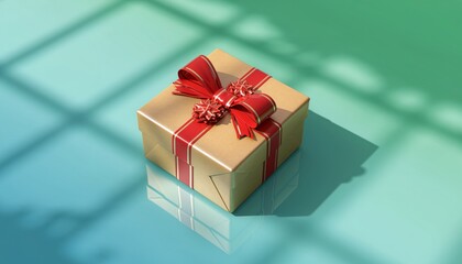 Elegant gift box wrapped in gold paper with a red ribbon and bow on a reflective surface in a