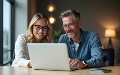Two middle age business workers smiling happy and confident. Working together with smile on face using laptop at the office. High quality