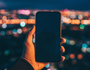 Hand holding smartphone with blank screen at night, city lights bokeh background, urban digital communication concept