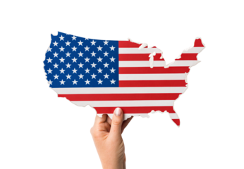 Hand holding American flag shaped United States map, isolated on a transparent background