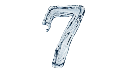 Isolated number seven made of water, font symbol, realistic aquatic shape, clean fluid digit