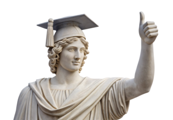 Classical female statue wearing graduation cap giving thumbs up, isolated on a transparent background