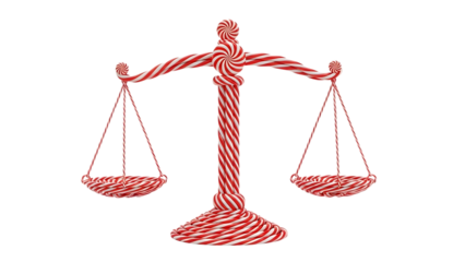 Scales of justice made of candy canes symbolizing Christmas law, holiday balance, or fairness