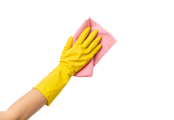 Hand in yellow rubber glove holding pink cleaning cloth, isolated on a transparent background