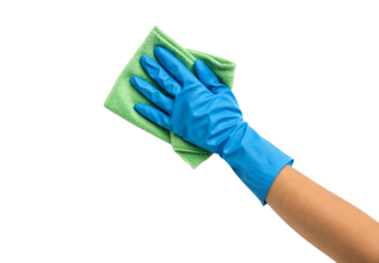 Hand wearing blue rubber glove with green microfiber towel, isolated on a transparent background