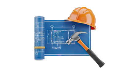 Construction Blueprint with Hammer and Helmet on White Background
