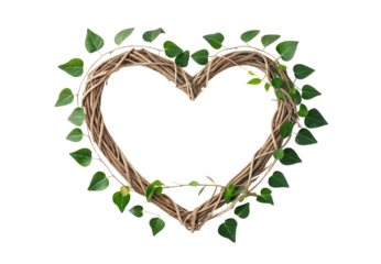 Rustic woven heart wreath adorned with green foliage, isolated on a transparent background