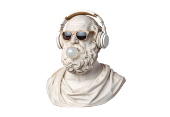 Classical bust wearing headphones sunglasses blowing bubble gum humorously, isolated on a transparent background