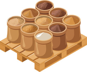 Isometric Sugar and Bulk Goods Production: Sacks of Different Sugars (White, Brown, Raw) on a Wooden Pallet
