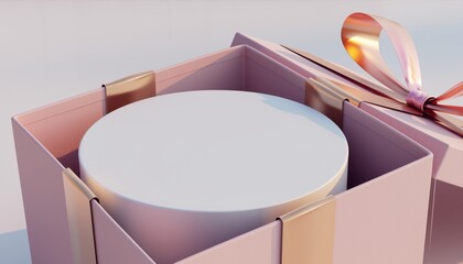Elegant pastel-colored gift box with a ribbon and a round cake inside for special occasions