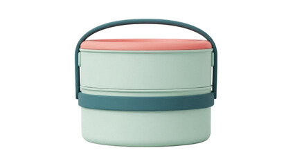 Isolated stacked bento lunch box or food container with handle on a neutral backdrop.