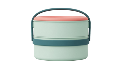 Isolated stacked bento lunch box or food container with handle on a neutral backdrop.