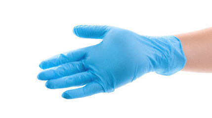 Medical professional wearing sterile latex gloves holds an open palm in a gesture of offering or receiving, set against a transparent background for easy compositing