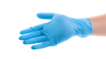 Medical professional wearing sterile latex gloves holds an open palm in a gesture of offering or receiving, set against a transparent background for easy compositing