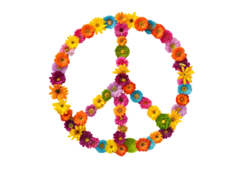 Colorful flower peace sign symbol made from vibrant daisies, isolated on a transparent background
