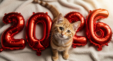 Ginger tabby kitten stands between red metallic 2026 balloons, atop white fluffy blanket, representing upcoming year, celebration, and new beginning