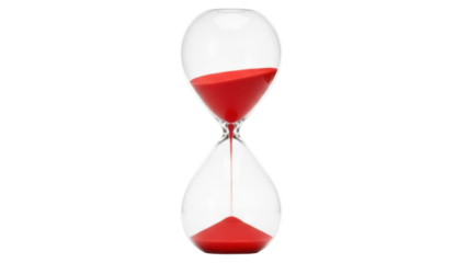 Isolated hourglass with flowing red sand depicting time running out, a symbol of urgency