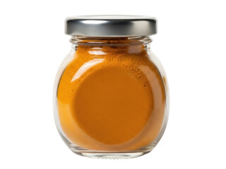 Isolated glass jar containing vibrant turmeric powder, sealed with a silver lid, pantry staple