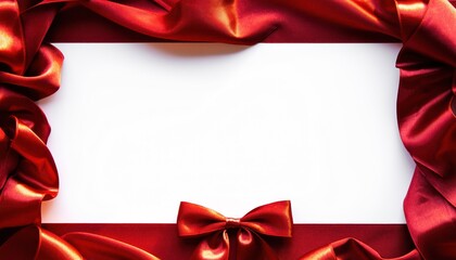 Elegant red satin ribbons and bow framing blank white space for luxurious display or invitation