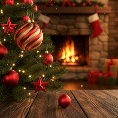 Decorated Christmas tree with red ornaments next to a glowing fireplace in a cozy room.