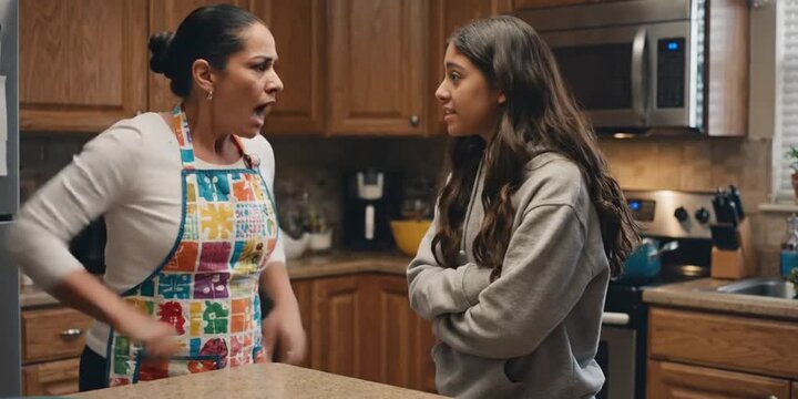 Upset teen girl standing in the kitchen, cross mother scolding her standing behind