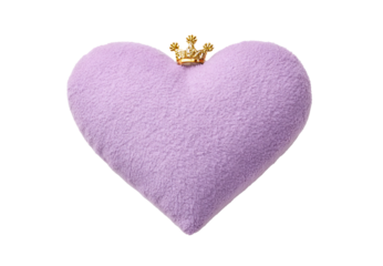 Purple heart cushion with golden tiara, isolated on a transparent background