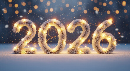 Sparkling snow-covered 2026 lights in winter wonderland scene