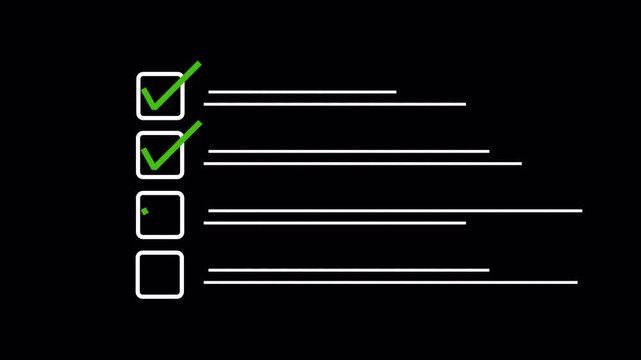 Animated checklist with green check marks in square box task completion animation with transparent background in 4k animation 