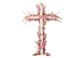 White cross entwined with pink cherry blossom branches, isolated on a transparent background