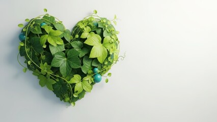 Heart shaped green leaves and vines on white background
