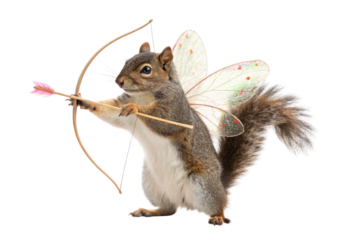 Fantasy squirrel cupid with colorful wings aiming bow and arrow, isolated on a transparent background