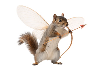 Whimsical squirrel cupid with fairy wings holding bow and arrow, isolated on a transparent background