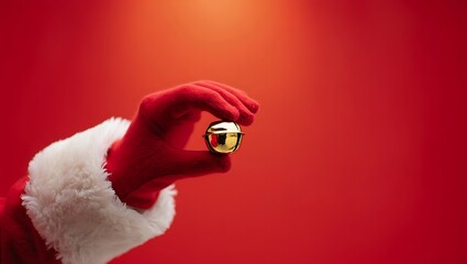 Santa Claus hand holding a golden Christmas bell