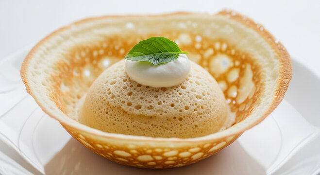 Appam with Coconut Milk and Mint Garnish in a Traditional Bowl