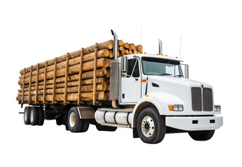 Naklejka premium White logging truck carrying timber logs front angle view, isolated on a transparent background