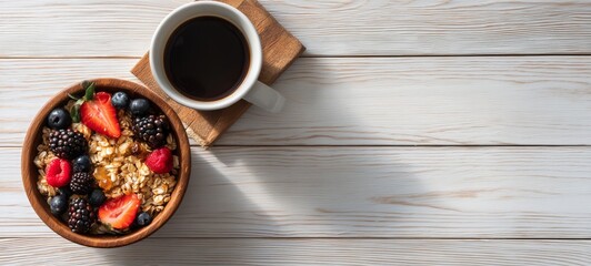 Healthy Breakfast with Oatmeal, Fresh Fruits and Coffee on Clean Wooden Table, Soft Natural Light, Minimal Composition, Wellness and Self Care Concept