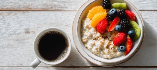Healthy Breakfast with Oatmeal, Fresh Fruits and Coffee on Clean Wooden Table, Soft Natural Light, Minimal Composition, Wellness and Self Care Concept