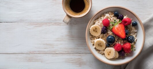 Healthy Breakfast with Oatmeal, Fresh Fruits and Coffee on Clean Wooden Table, Soft Natural Light, Minimal Composition, Wellness and Self Care Concept
