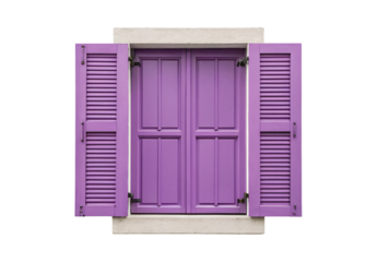 Purple wooden window with shutters fully open showing panels, isolated on a transparent background