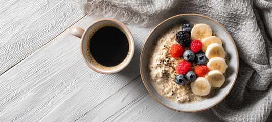 Healthy Breakfast with Oatmeal, Fresh Fruits and Coffee on Clean Wooden Table, Soft Natural Light, Minimal Composition, Wellness and Self Care Concept