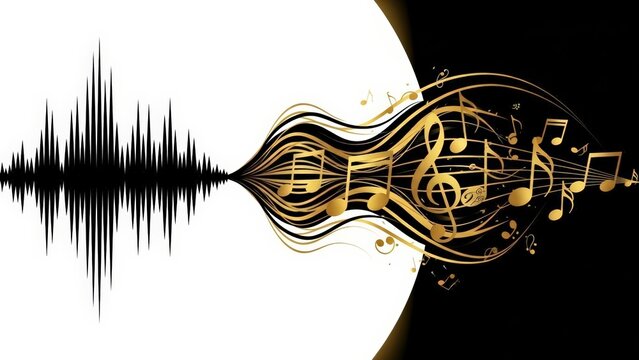 Abstract musical sound wave transforming into a guitar shape with golden musical notes on a black and white background.