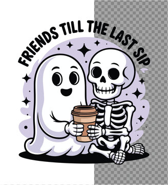 Eternal Brew: Animated Ghost and Skeleton enjoying each other's company while sharing a beverage, perfect for halloween events and festive social media content.