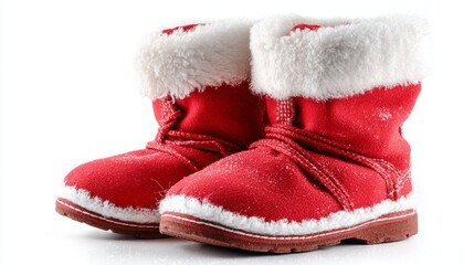 Bright red winter boots with fluffy white linings, perfect for cold snowy days.