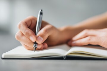 Close-Up of Hands Writing Goals in Notebook, Neutral Skin Tone, Soft Daylight, Clean Background, Shallow Depth of Field, New Year Resolution, Minimal Modern Style