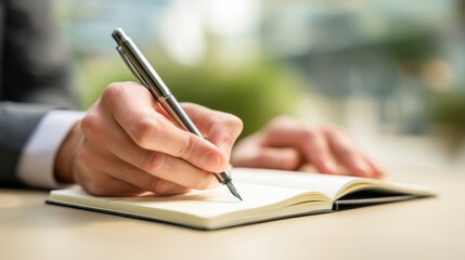 Close-Up of Businessman Hands Writing Goals in Notebook, Soft Daylight, Clean Background, Shallow Depth of Field, New Year Resolution and Goal Setting Concept