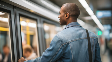A departing commuter stepping onto a crowded metro train as doors slide closed, urban lights reflecting across glass panels — fast-paced city life, routine transitions, and motion. cinematic color
