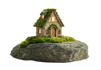 Stone cottage with moss roof on rock with lights, isolated on a transparent background
