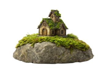 Rustic stone cottage with tower on mossy rock base, isolated on a transparent background