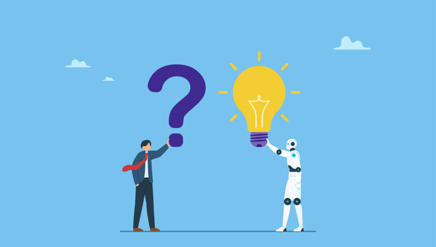 Businessman with question mark and AI give an answer. Artificial intelligence AI to help solve problem, chatbot or machine learning to answer hard question, assistance service, technology to help.